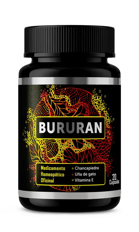 Frasco de Bururan, 20 cápsulas, con la etiqueta «Medicamento Homeopático Oficinal»